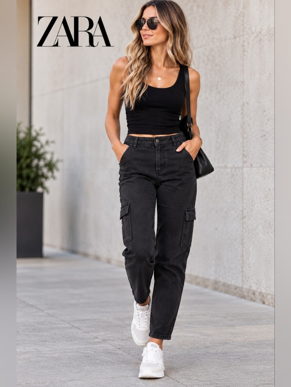 ZARA Black Cargo Jeans High Rise Utility Pants Size 10